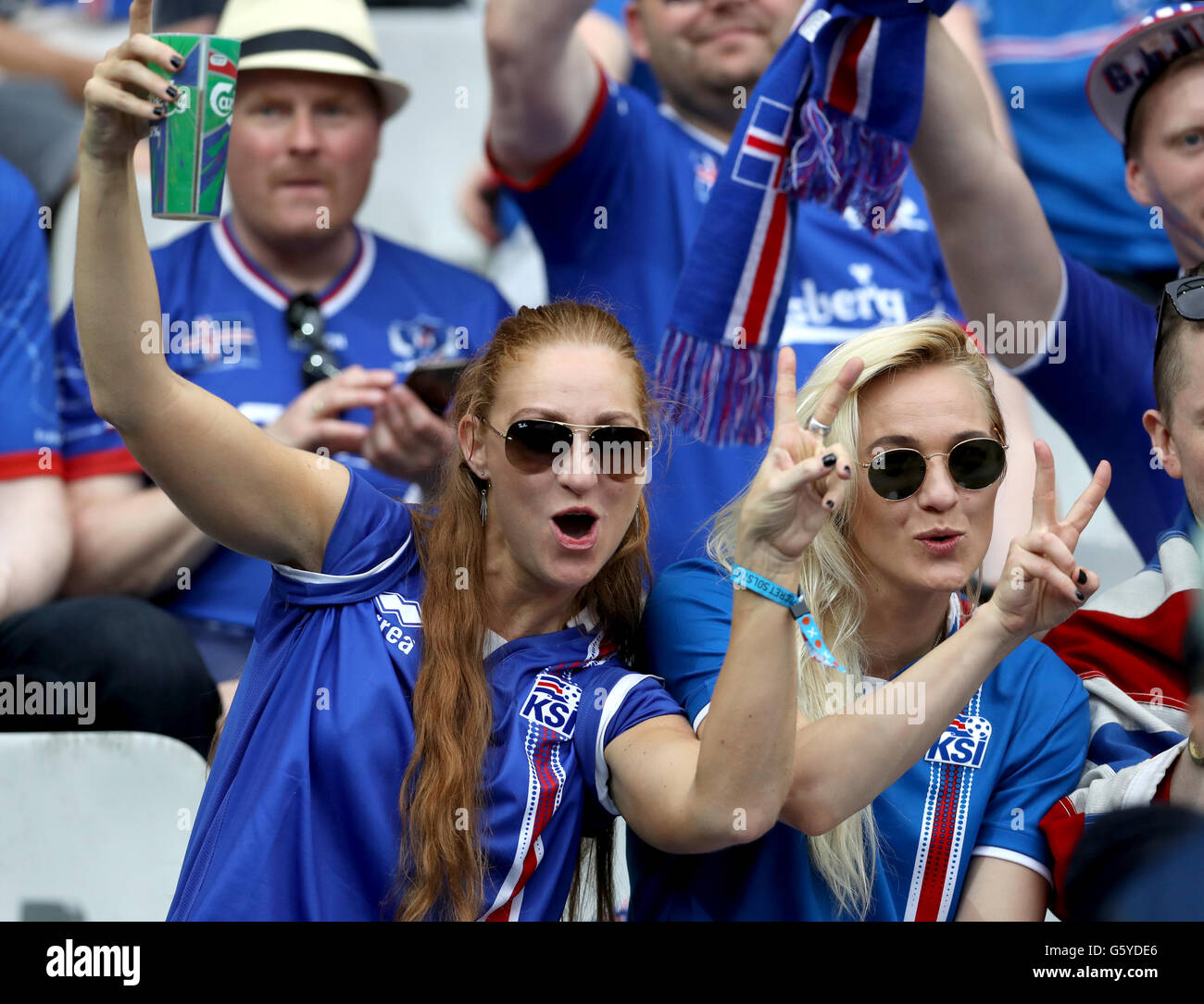 Iceland fans cheer on their side in the stands before the Euro 2016, Group F match at the Stade de France, Paris. PRESS ASSOCIATION Photo. Picture date: Wednesday June 22, 2016. See PA story SOCCER Iceland. Photo credit should read: Owen Humphreys/PA Wire. RESTRICTIONS: Use subject to restrictions. Editorial use only. Book and magazine sales permitted providing not solely devoted to any one team/player/match. No commercial use. Call +44 (0)1158 447447 for further information. Stock Photo