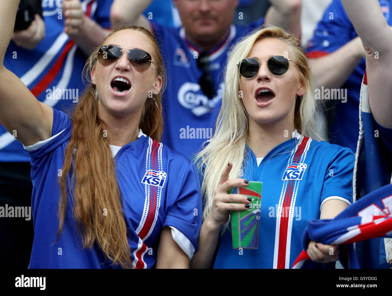Iceland fans cheer on their side in the stands before the Euro 2016, Group F match at the Stade de France, Paris. Stock Photo