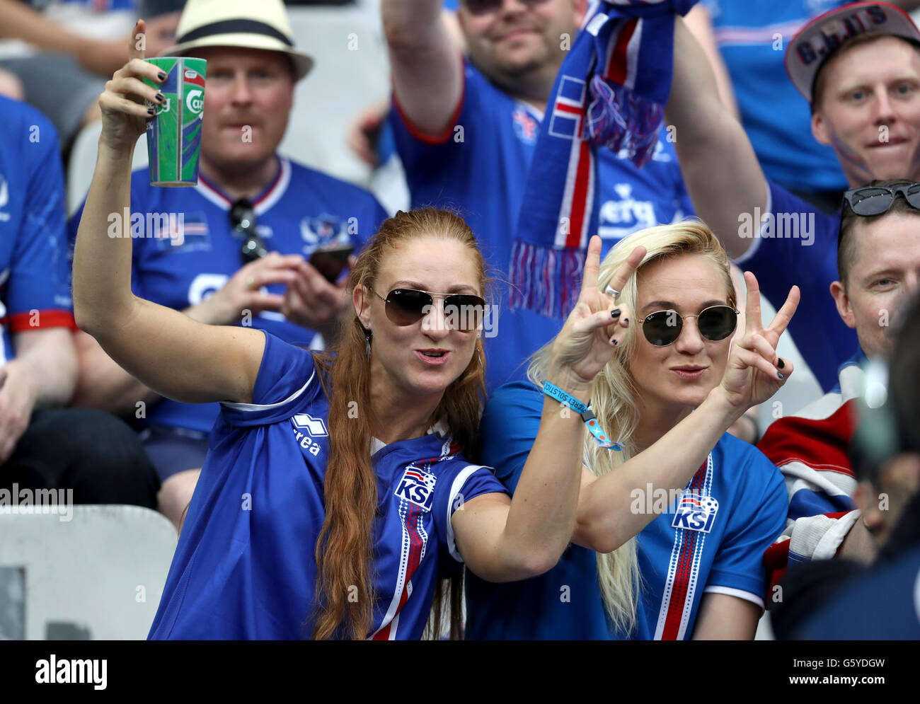 Iceland fans cheer on their side in the stands before the Euro 2016, Group F match at the Stade de France, Paris. Stock Photo