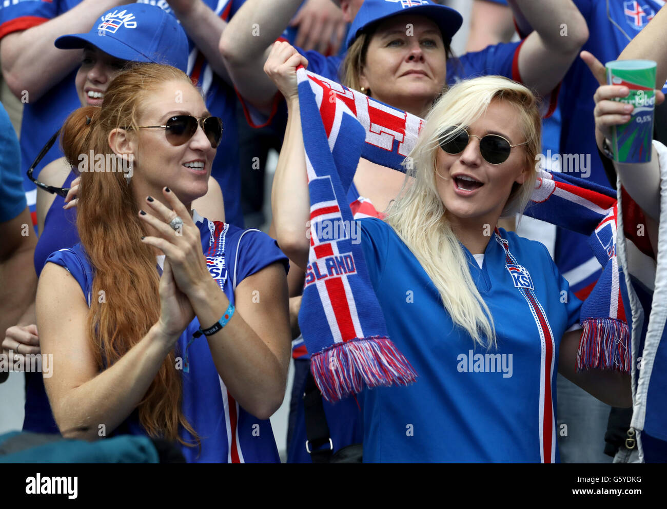 Iceland fans cheer on their side in the stands before the Euro 2016, Group F match at the Stade de France, Paris. PRESS ASSOCIATION Photo. Picture date: Wednesday June 22, 2016. See PA story SOCCER Iceland. Photo credit should read: Owen Humphreys/PA Wire. RESTRICTIONS: Use subject to restrictions. Editorial use only. Book and magazine sales permitted providing not solely devoted to any one team/player/match. No commercial use. Call +44 (0)1158 447447 for further information. Stock Photo
