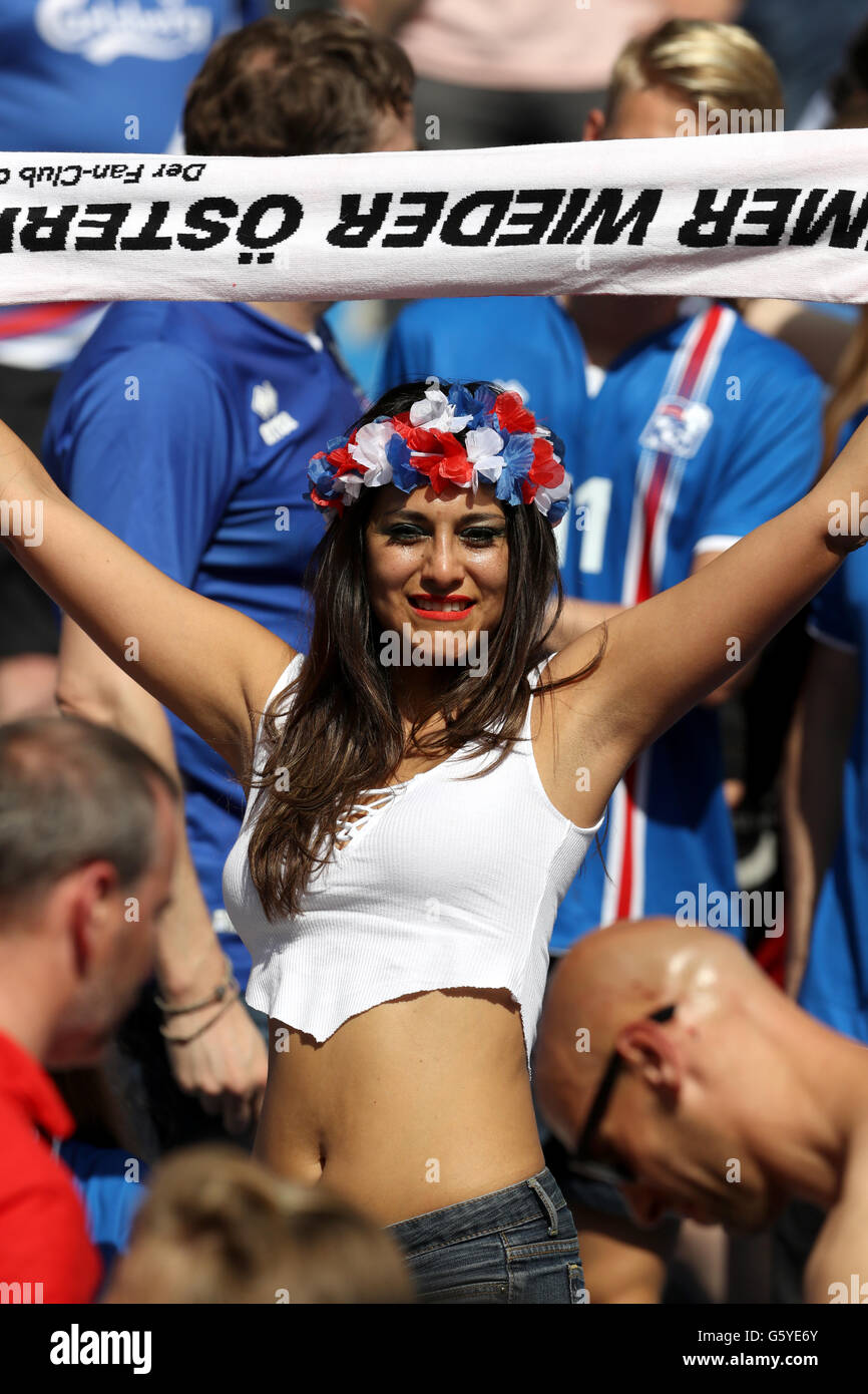 Iceland fans cheer on their side in the stands before the Euro 2016, Group F match at the Stade de France, Paris. Stock Photo