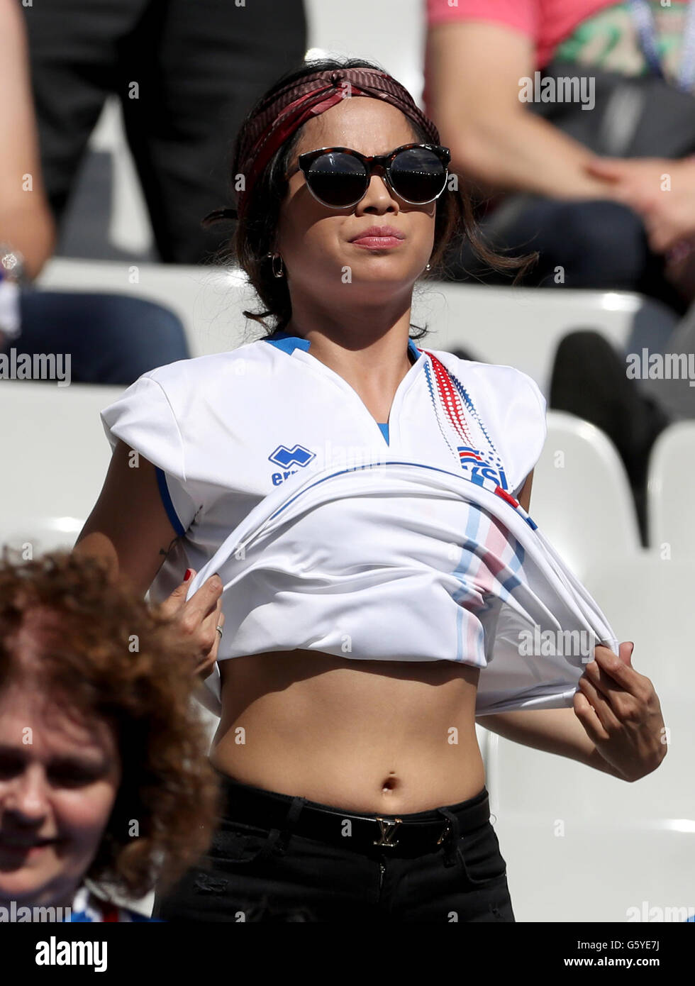 Iceland fans cheer on their side in the stands before the Euro 2016, Group F match at the Stade de France, Paris. Stock Photo