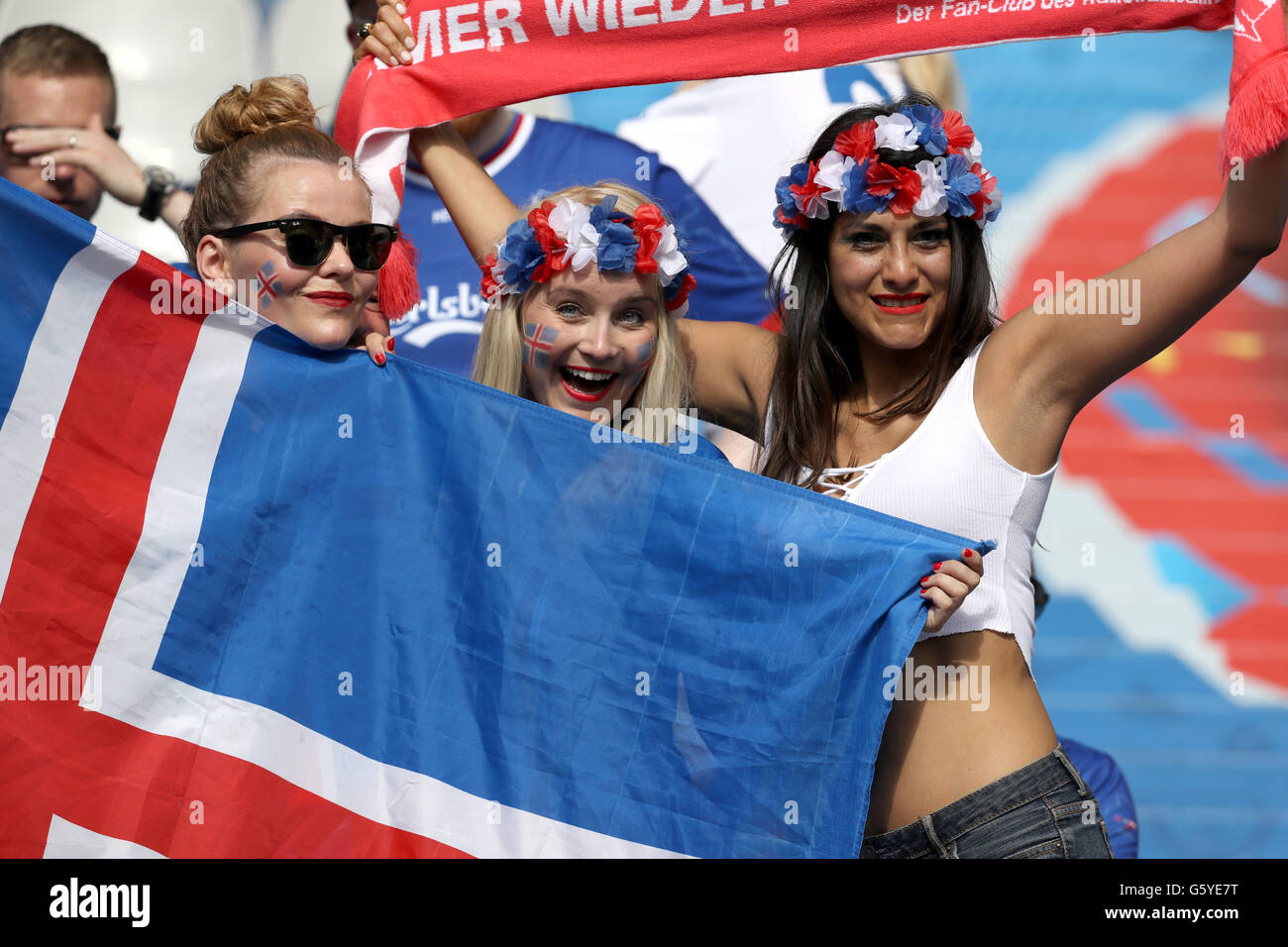 Iceland fans cheer on their side in the stands before the Euro 2016, Group F match at the Stade de France, Paris. Stock Photo