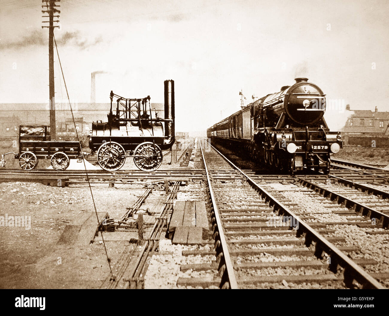 Composite photo created in 1925 showing 'Locomotion' and 'The Flying Scotsman' at Darlington to celebrate 'one hundred years of progress' Stock Photo