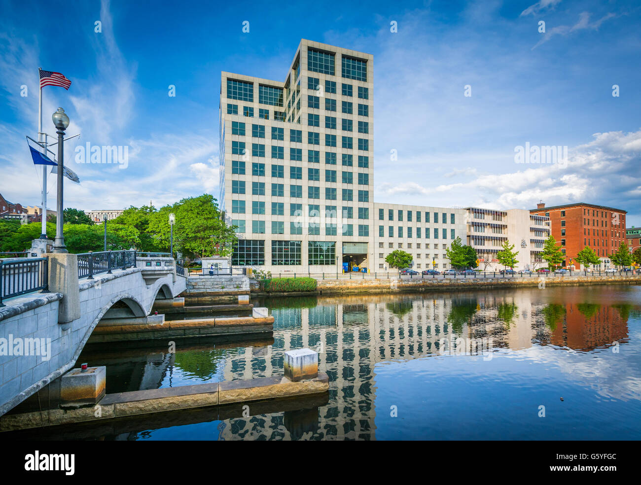 Bridge and modern building along the Providence River, in downtown Providence, Rhode Island. Stock Photo