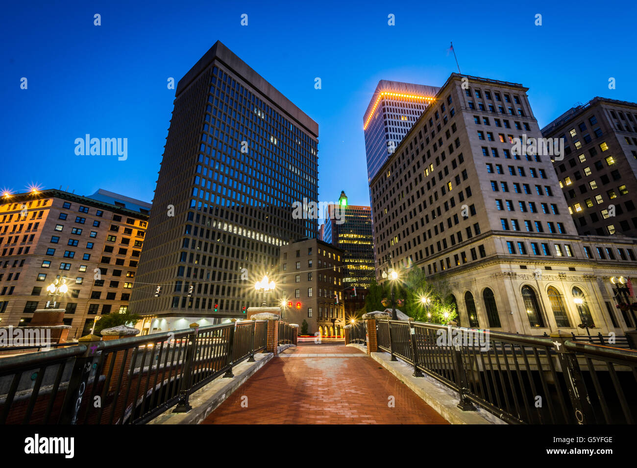 Bridge and modern buildings at night, in downtown Providence, Rhode Island. Stock Photo