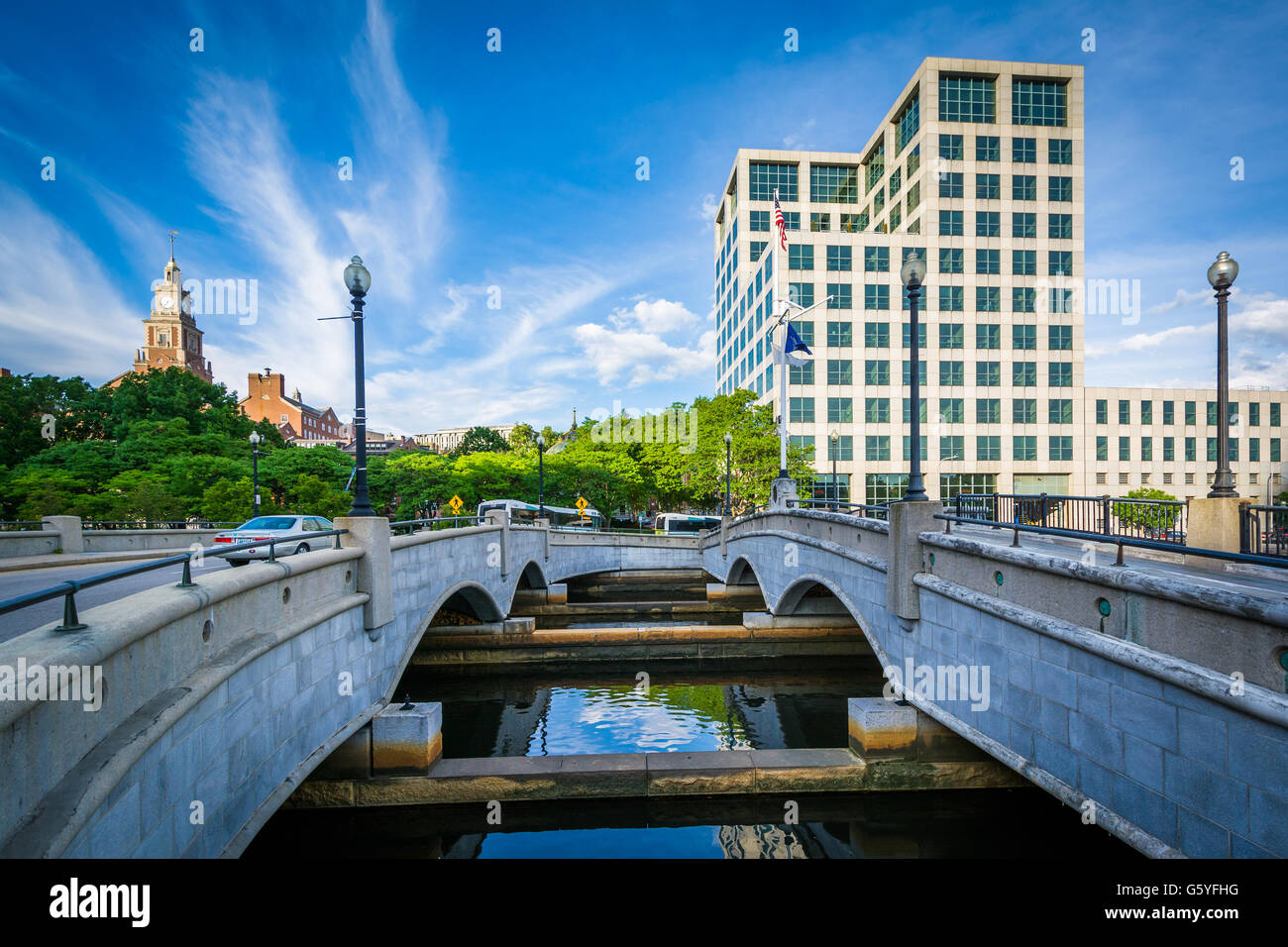 Bridges and modern building along the Providence River, in downtown Providence, Rhode Island. Stock Photo