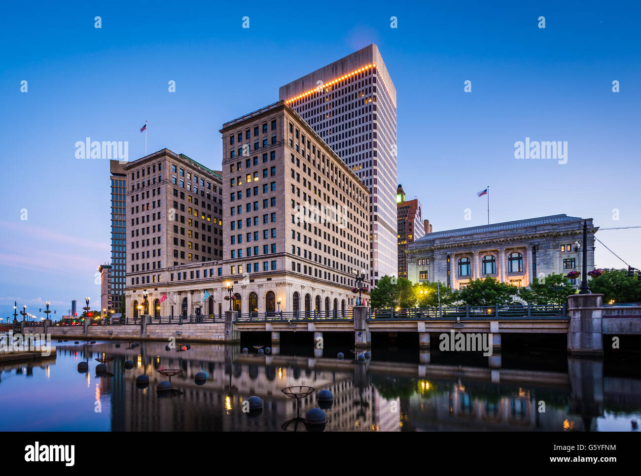 Buildings along the Providence River at twilight, in downtown Providence, Rhode Island. Stock Photo