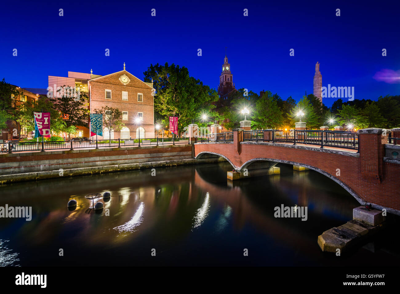 Historic buildings and bridge over the Providence River at night, in downtown Providence, Rhode Island. Stock Photo