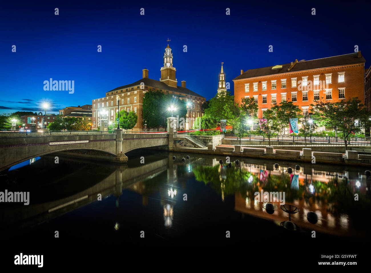 Historic buildings and bridge over the Providence River at night, in downtown Providence, Rhode Island. Stock Photo