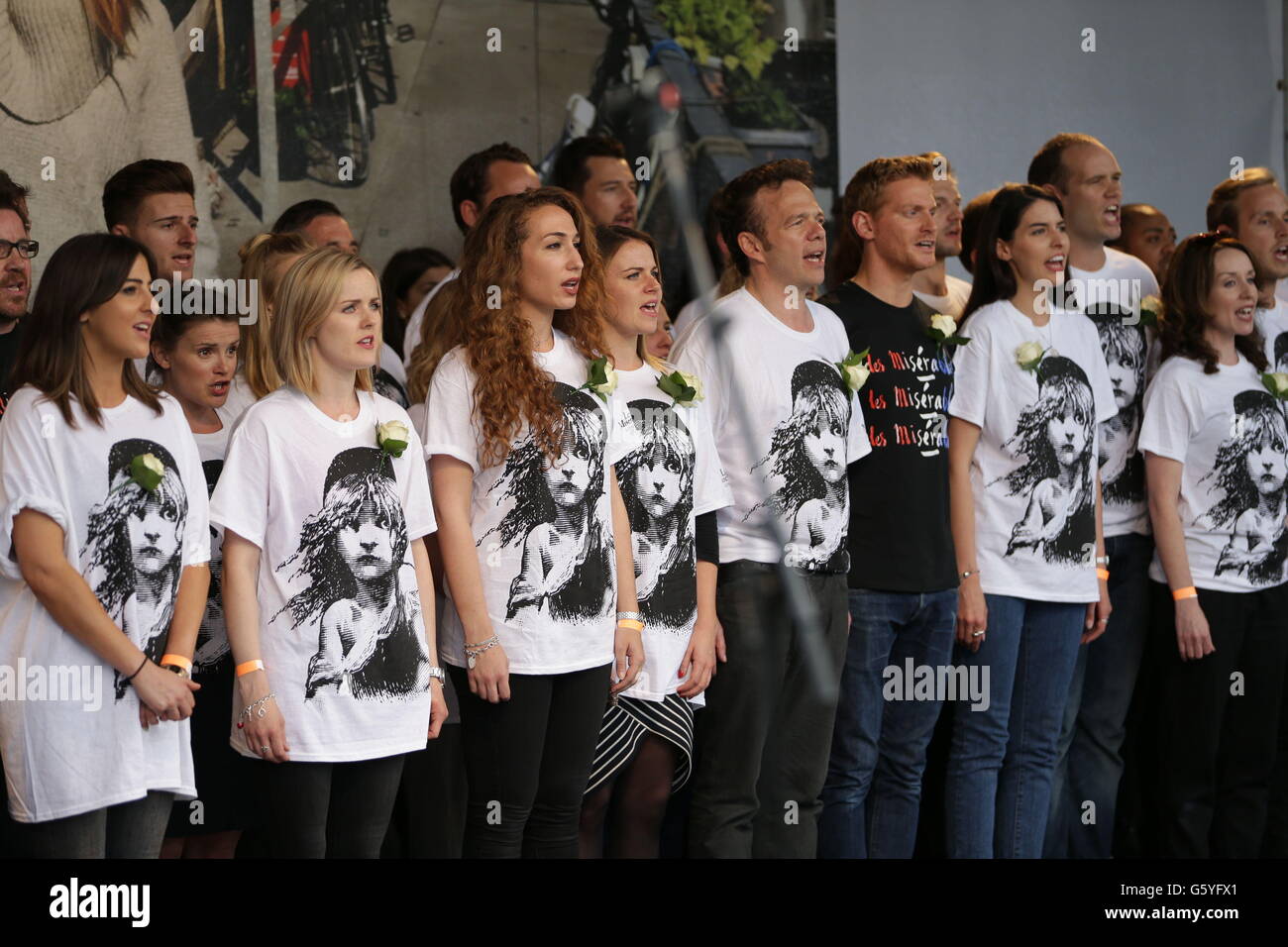 The cast of the West End Play Les Miserables sing a song during the rally in Trafalgar Square, central London to celebrate what would have been the 42nd birthday of the tragic MP Jo Cox. PRESS SSOCIATION Photo. Picture date: Wednesday June 22, 2016. See PA story POLITICS MP. Photo credit should read: Daniel Leal-Olivas/PA Wire Stock Photo
