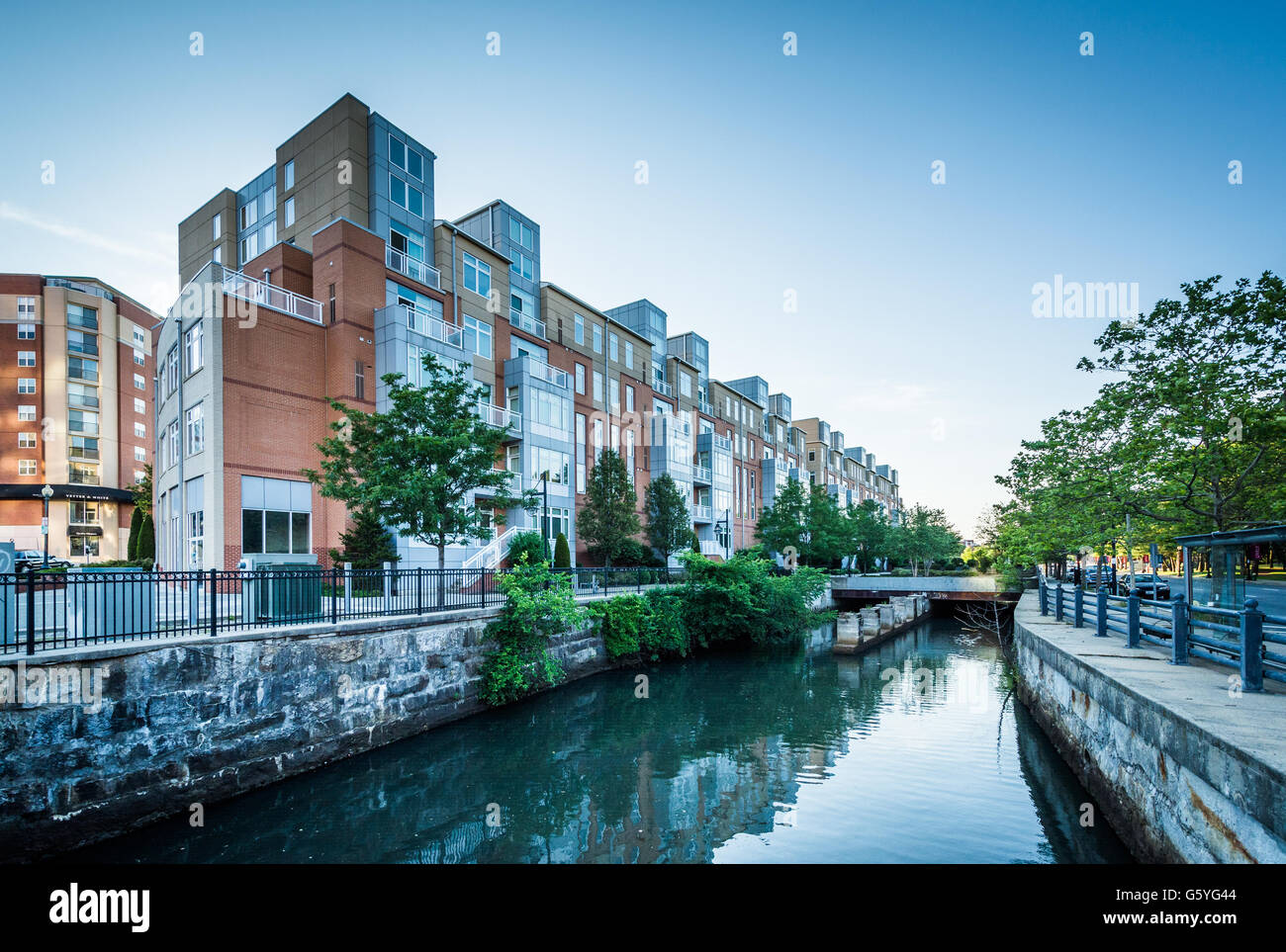 Modern buildings and the Providence River, in downtown Providence, Rhode Island. Stock Photo