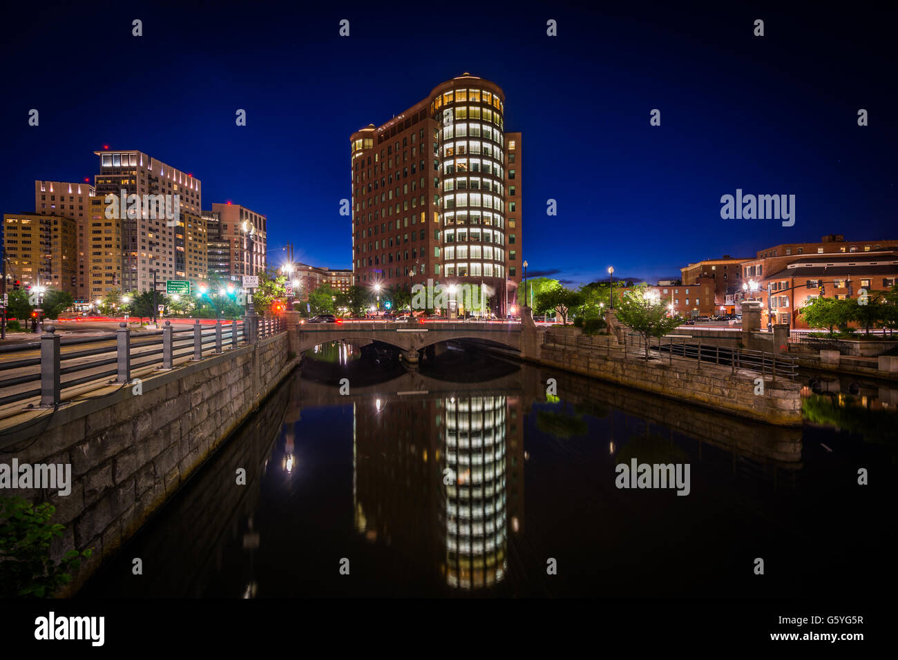 Modern buildings and the Providence River at night, in downtown Providence, Rhode Island Stock