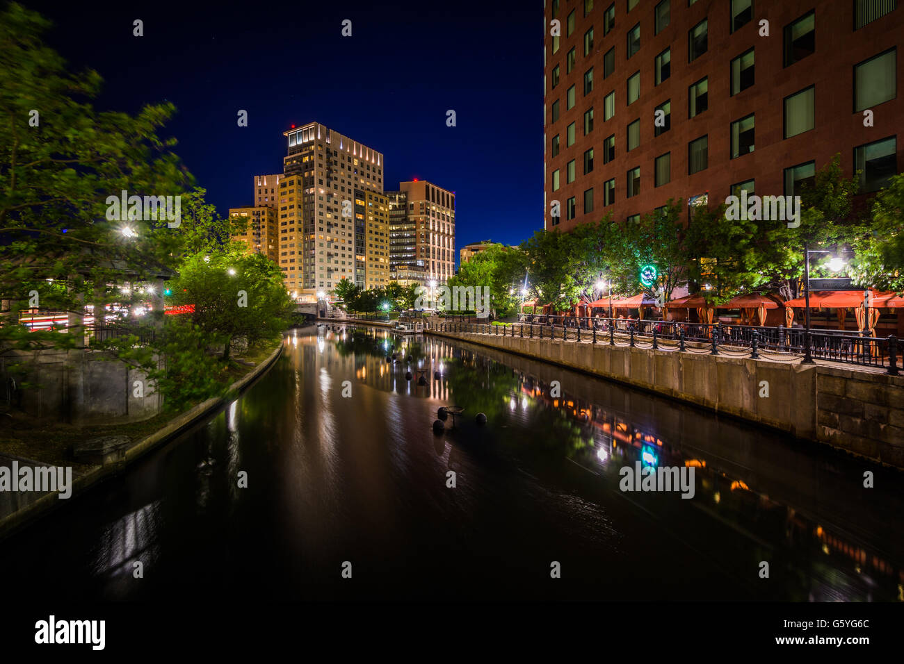 Modern buildings and the Providence River at night, in downtown Providence, Rhode Island. Stock Photo