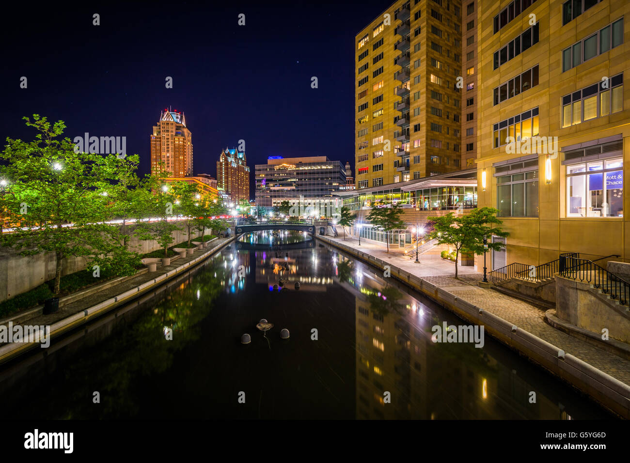 Modern buildings and the Providence River at night, in downtown Providence, Rhode Island. Stock Photo