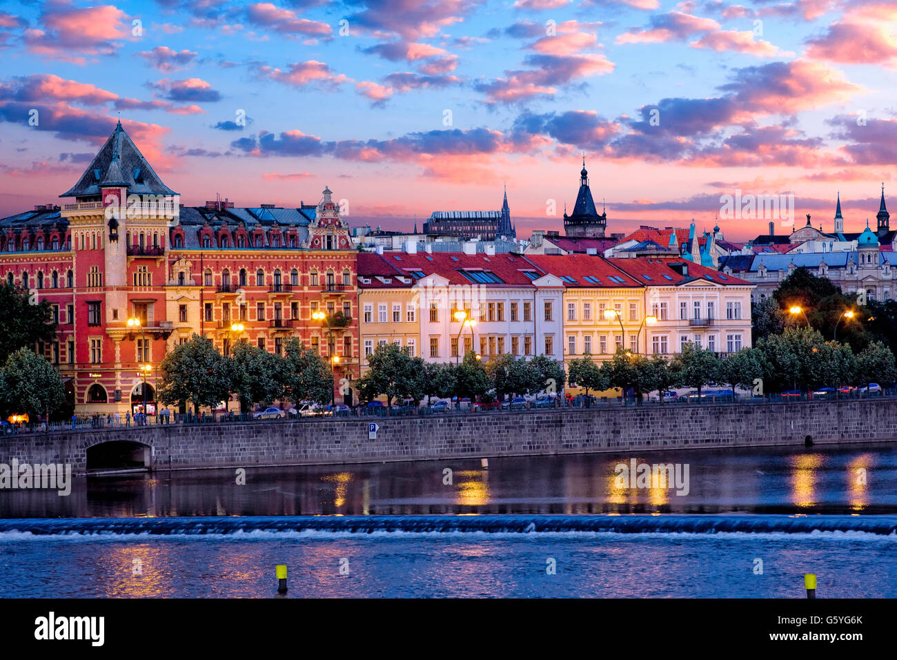 Vltava river and Prague skyline at night Stock Photo
