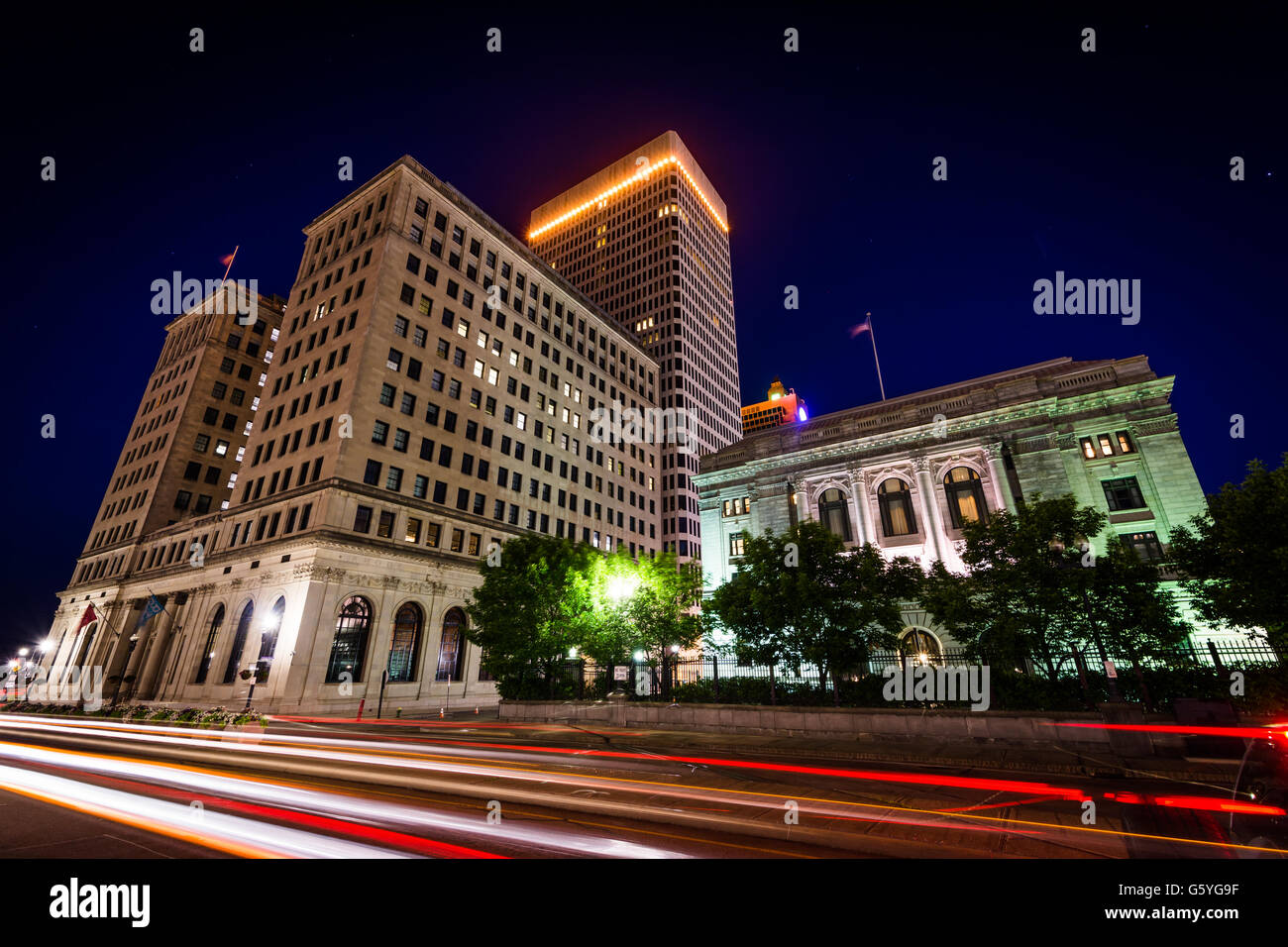 Traffic on Memorial Boulevard and buildings in downtown at night, in Providence, Rhode Island. Stock Photo