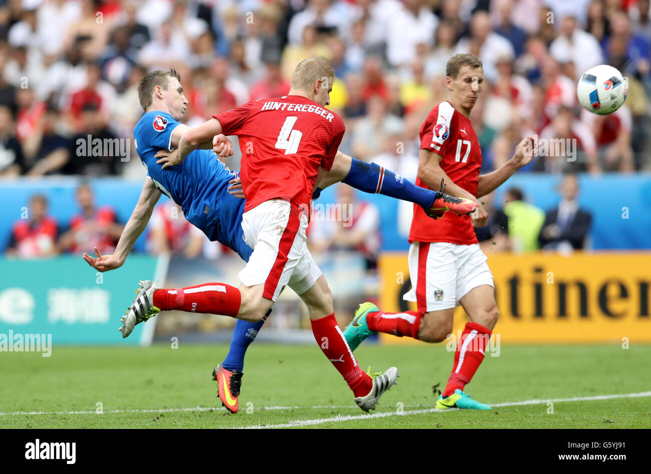 Iceland's Jon Dadi Bodvarsson has a shot on goal during the Euro 2016, Group F match at the Stade de France, Paris. Stock Photo
