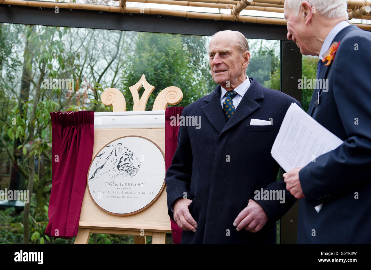 The Duke of Edinburgh attends the official opening of the new tiger enclosure at London Zoo in central London. Housing one male and one female Sumatran tiger, the enclosure is five times larger than the previous enclosure. Stock Photo