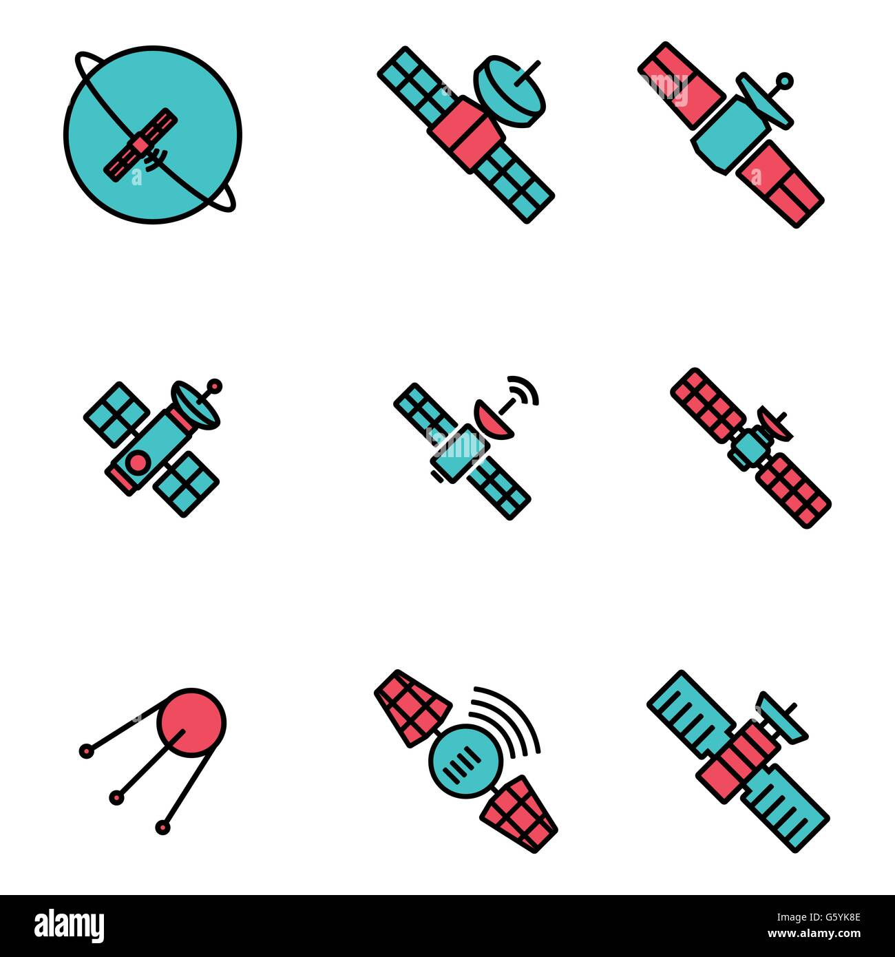 Vector line orbit satellite icons set Stock Vector