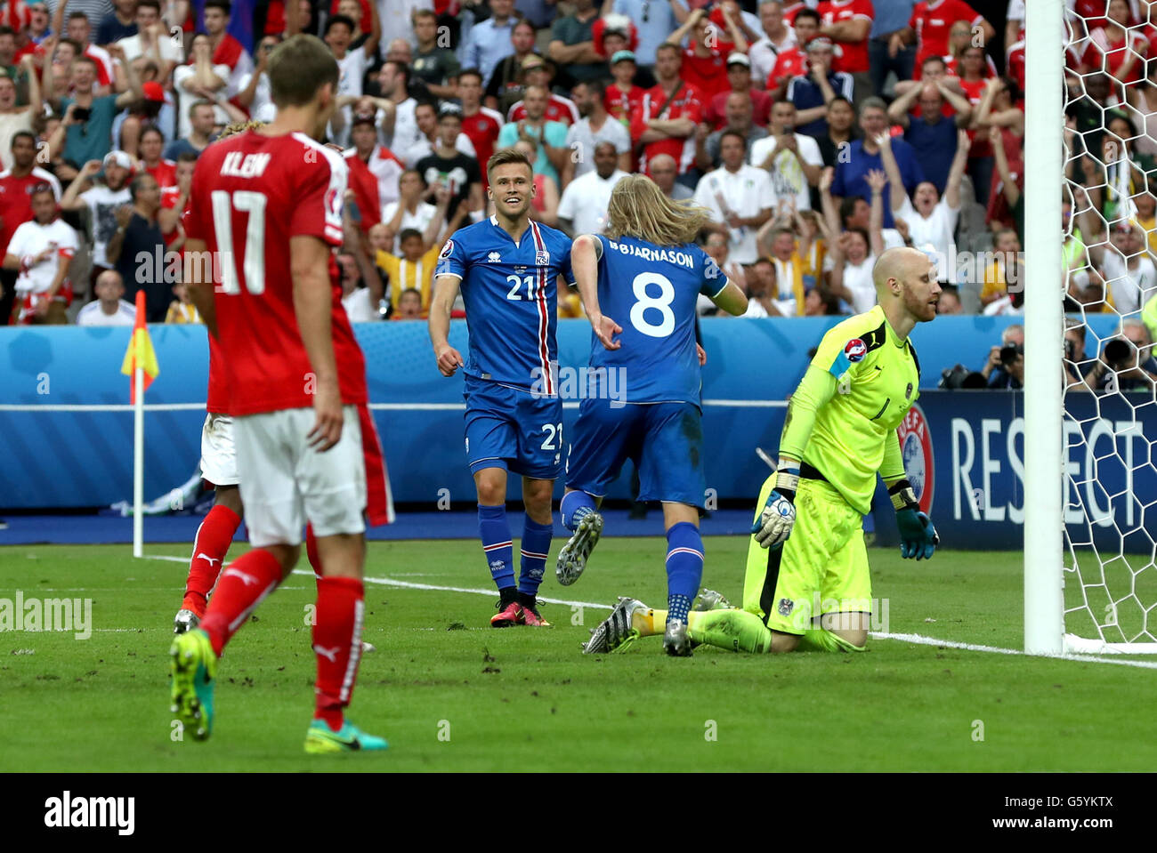 Iceland's Arnor Ingvi Traustason (21) celebrates after scoring his side's second goal of the game during the Euro 2016, Group F match at the Stade de France, Paris. Stock Photo