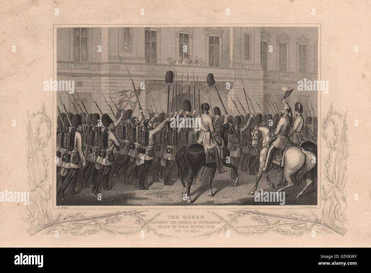 CRIMEAN WAR: Queen Victoria receiving the guards at Buckingham Palace ...