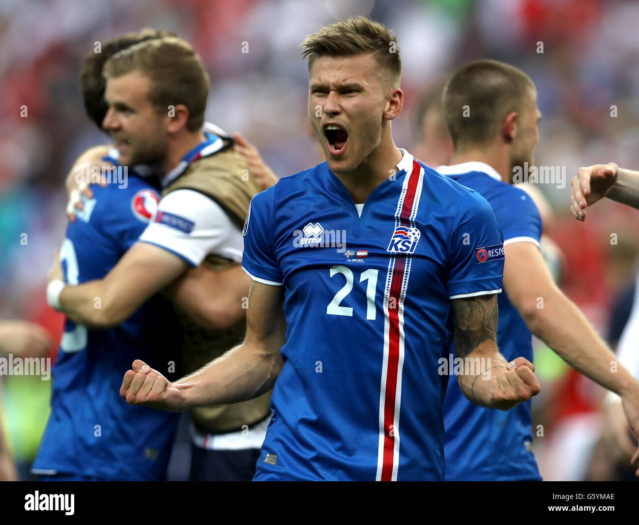 Iceland's Arnor Ingvi Traustason celebrates his late winner and qualifying for the last 16 round after the Euro 2016, Group F match at the Stade de France, Paris. Stock Photo