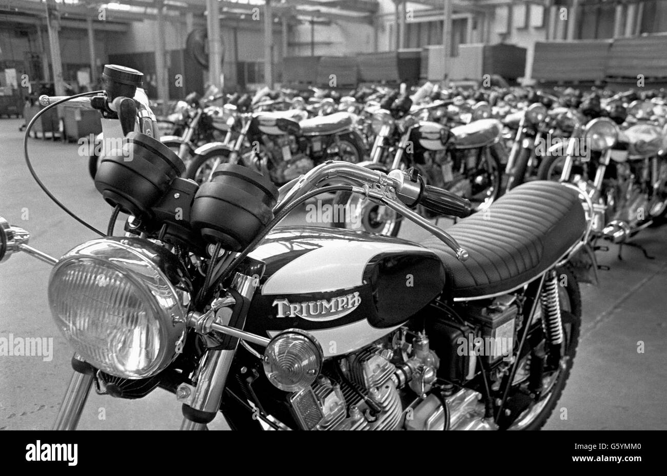 Motor cycles ready for delivery at the Small Heath plant of Norton-Villieres-Triumph, who announced that Norton-Villiers Ltd - one of the company's nine subsidiaries - is to go into liquidation following the government's decision not to pump any more money into the motor cycles group. Stock Photo