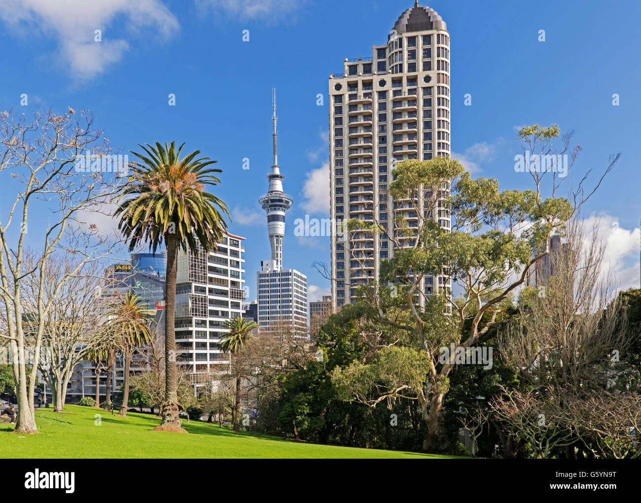 Sky Tower from Albert Park, Auckland, North Island, New Zealand Stock Photo
