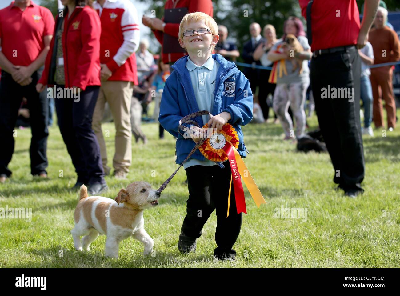 Daniel Little, 8, with his dog Oliver after they won the Best in Show award at the Dumfries House Dog Show in the grounds of Dumfries House, Cumnock, Ayrshire. Stock Photo