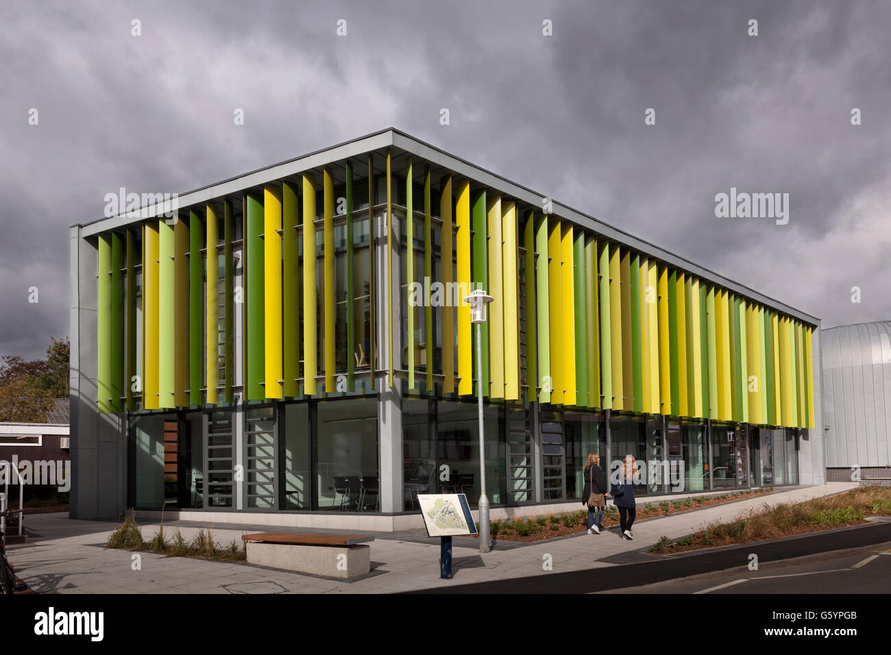 Royal Holloway University Moore Building external showing multi coloured louvres, Egham, Surrey, England, United Kingdom, Europe Stock Photo