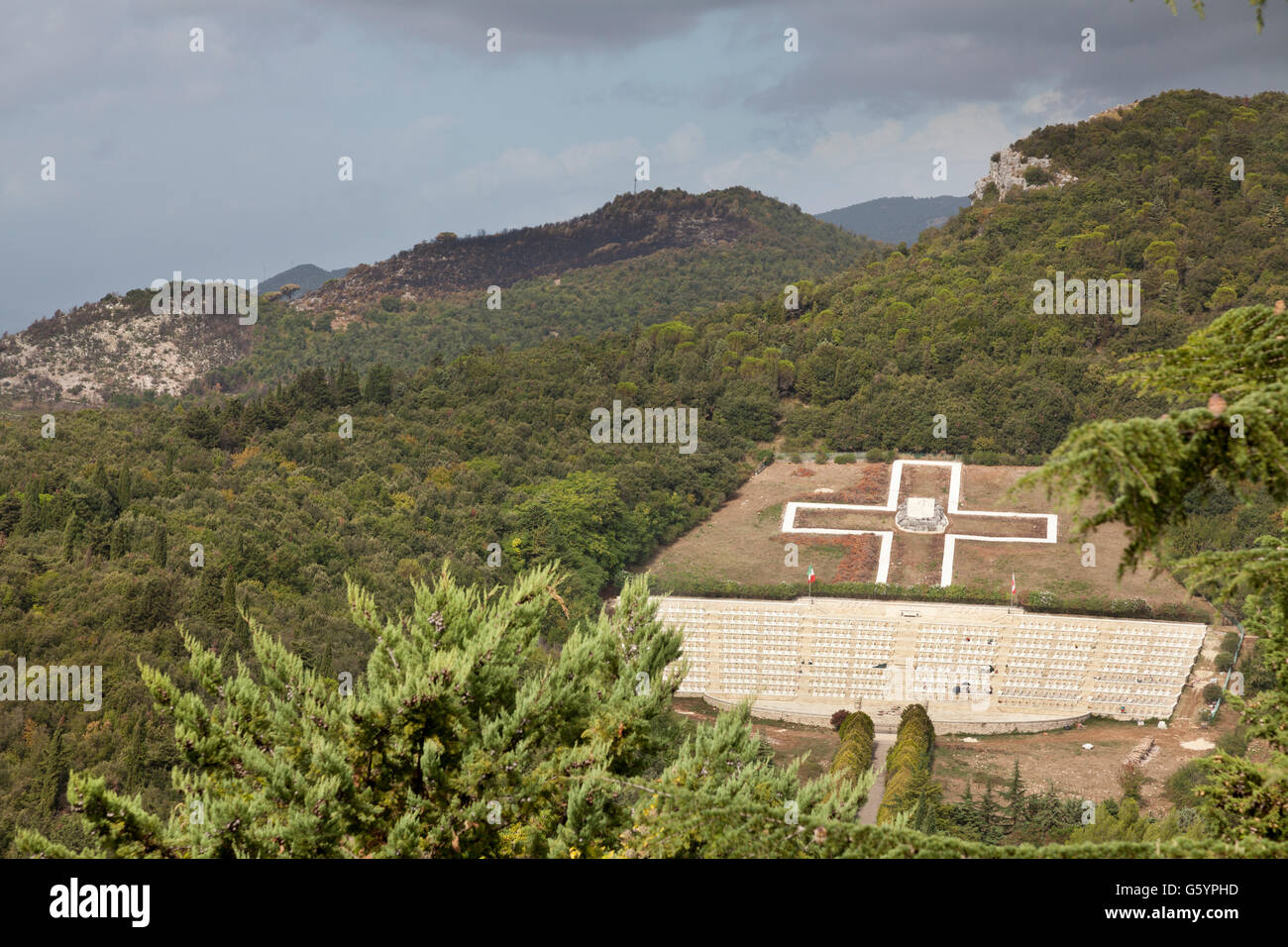 Polish War Cemetery and Liri Valley from Monte Cassino Abbey, Cassino, Lazio, Italy, Europe Stock Photo