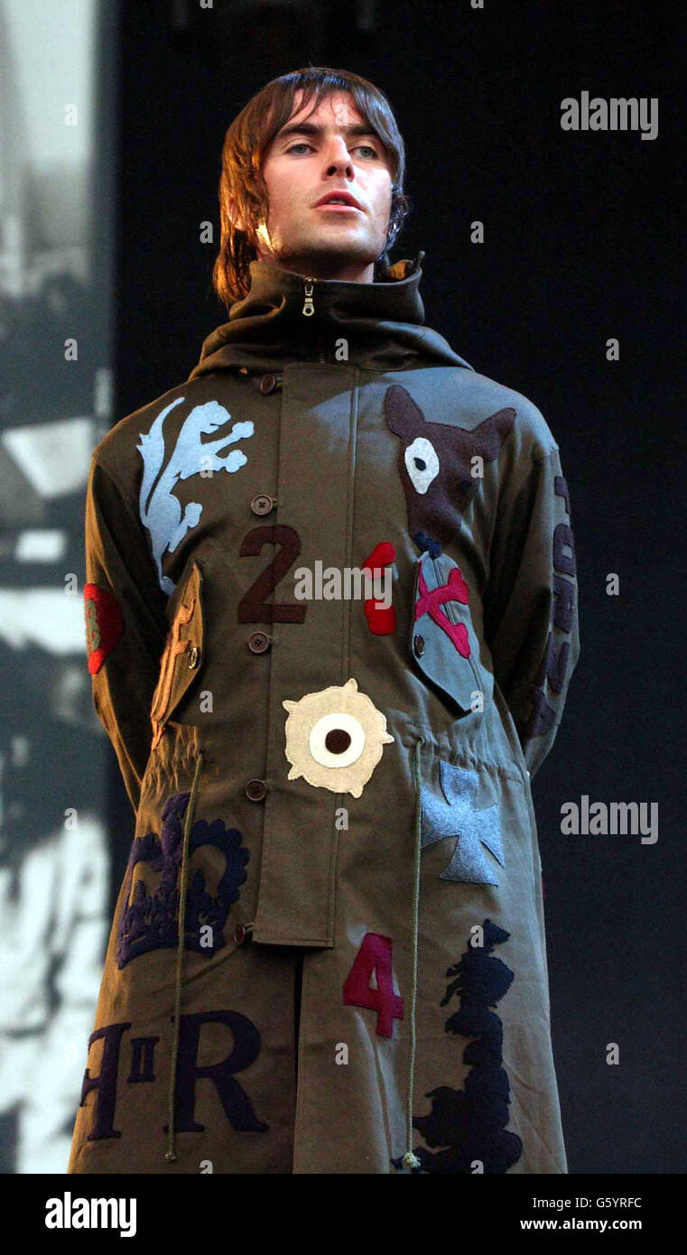 Oasis frontman Liam Gallagher performing on stage at London's Finsbury