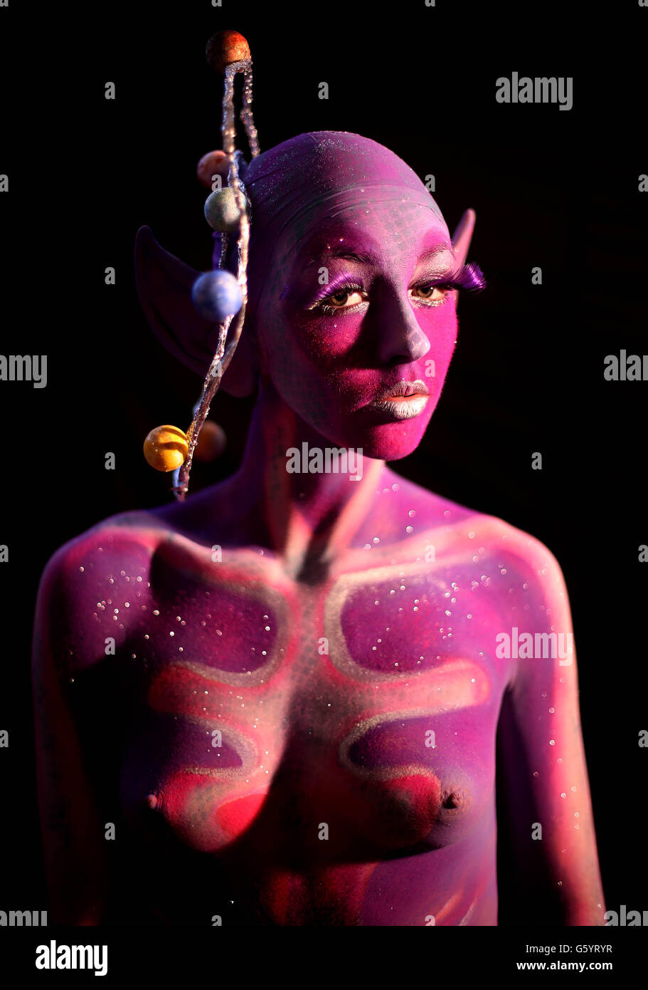 Model Becca Ivory during the Irish Bodypainting Competition at Temple Bar in Dublin. Stock Photo