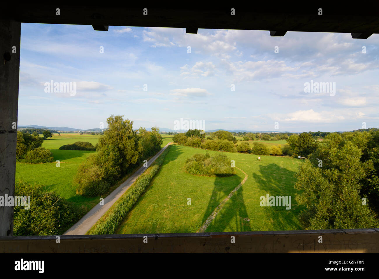 view from observation tower in nature reserve Regentalaue, cyclists, Cham, Germany, Bayern, Bavaria, Oberpfalz, Upper Palatinate Stock Photo