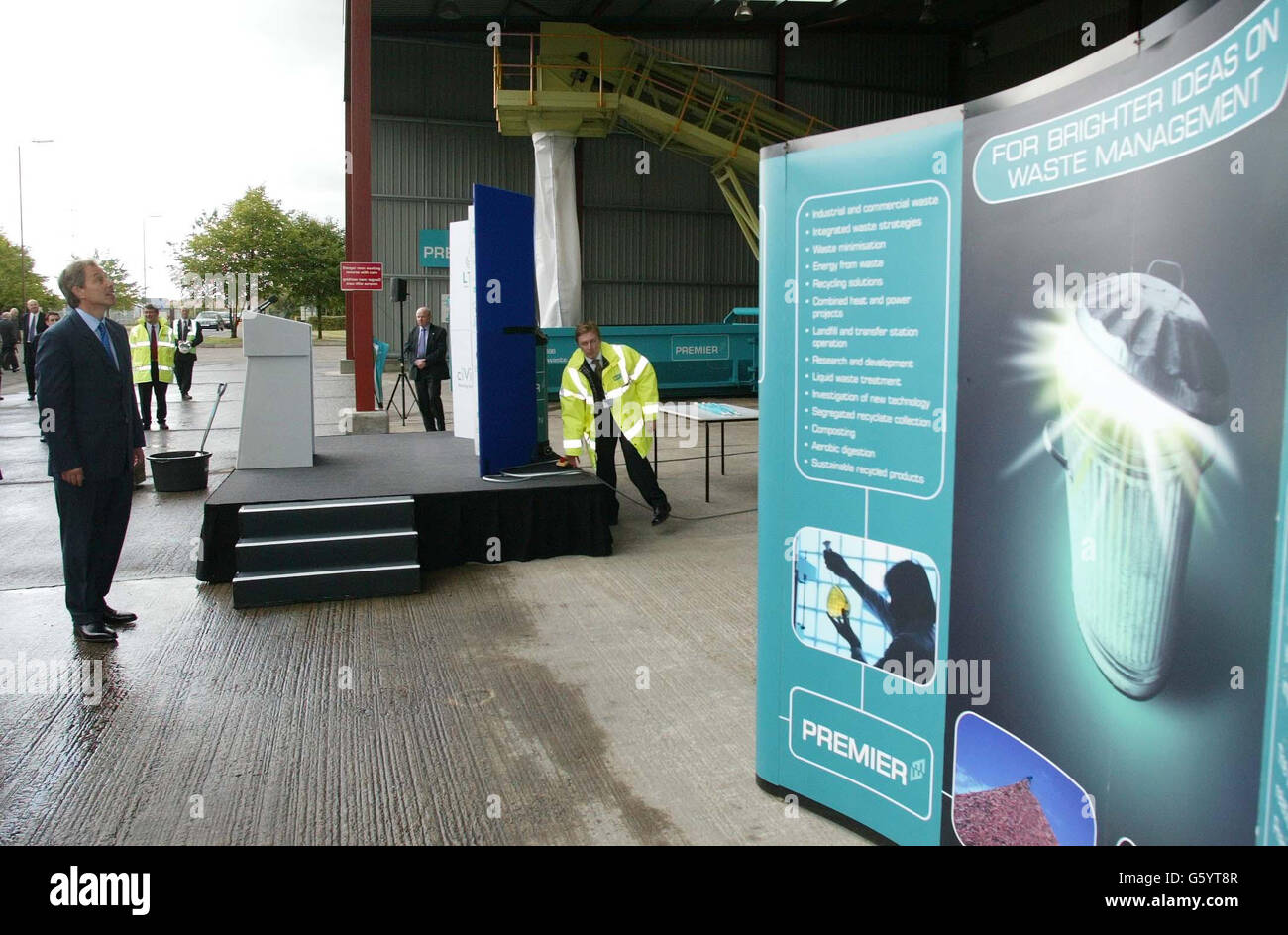 Prime Minister Tony Blair visits a waste recycling plant in Thornley, County Durham, where he