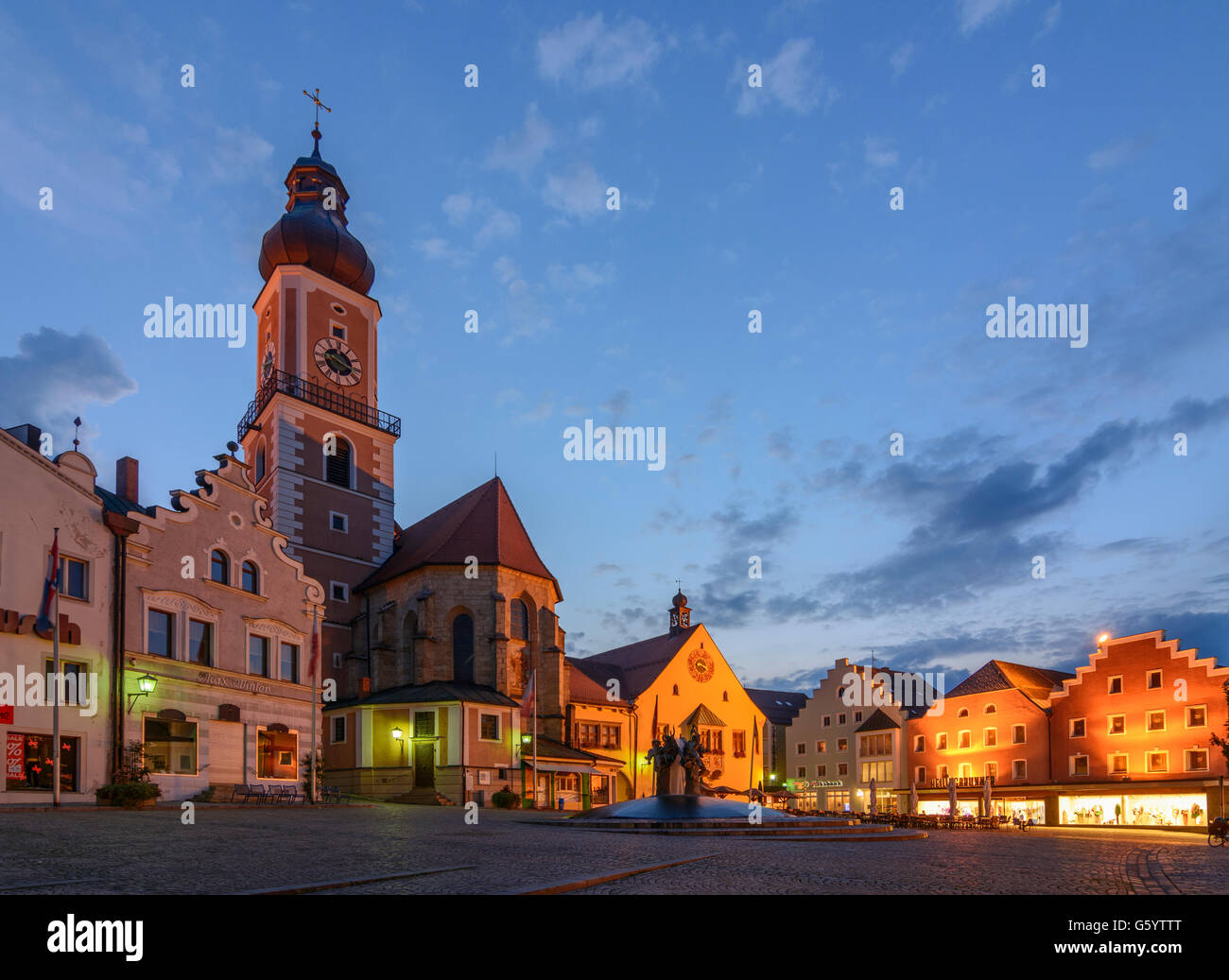 market square, church St. Jakob, Town Hall, Cham, Germany, Bayern, Bavaria, Oberpfalz, Upper Palatinate Stock Photo