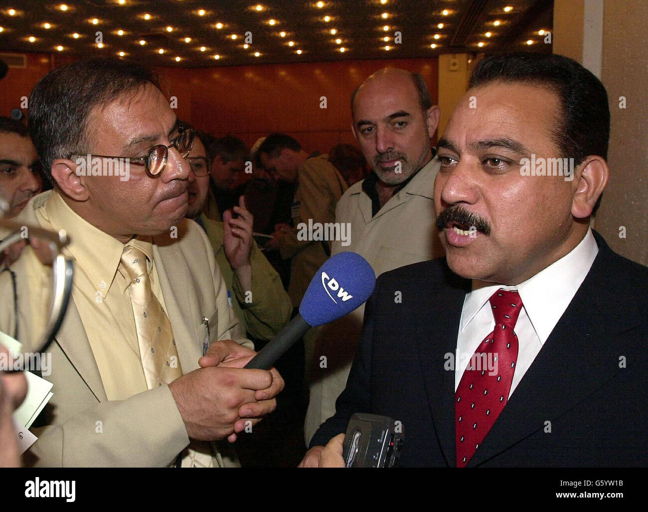Brigadier Najib al-Salihi speaking to reporters as he arrives for the conference held for members of the Iraqi National Congress, former military leaders from the country, and others opposed to the regime, at Kensington Town Hall, London. * The meeting was held by the Iraqi National Coalition Military Alliance. The meeting comes a day after the newspaper USA Today reported a Pentagon official as saying the US would only start an invasion of Iraq if Saddam Hussein made the first move. Stock Photo