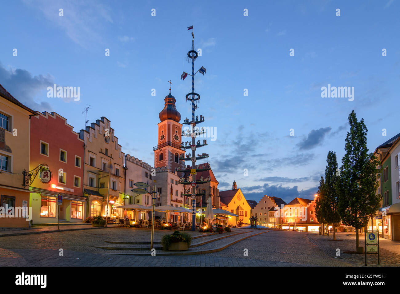 Market square, church St. Jakob, Town Hall, maypole, Cham, Germany, Bayern, Bavaria, Oberpfalz, Upper Palatinate Stock Photo