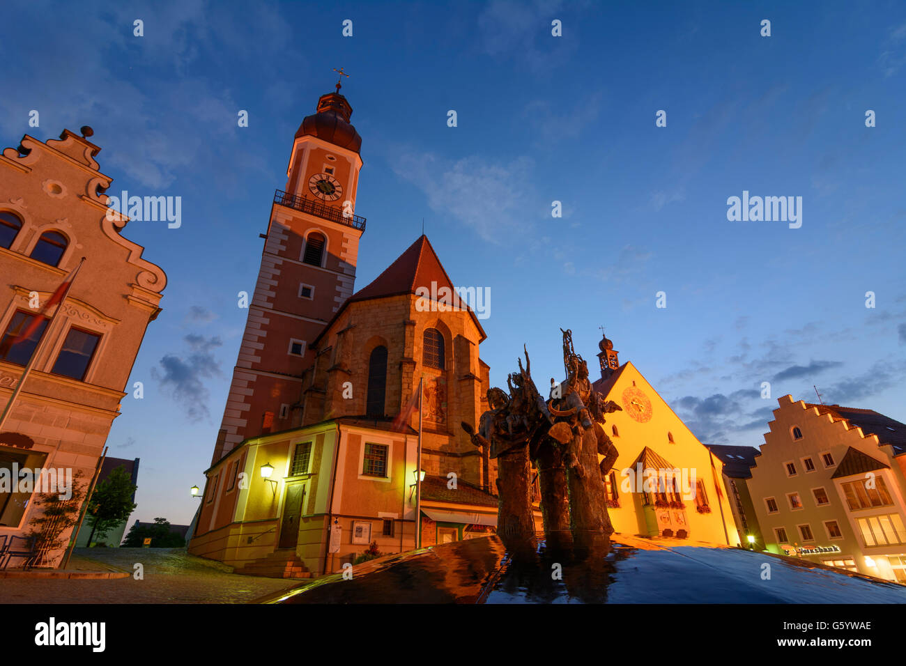 market square, church St. Jakob, Town Hall, market fountain, Cham, Germany, Bayern, Bavaria, Oberpfalz, Upper Palatinate Stock Photo