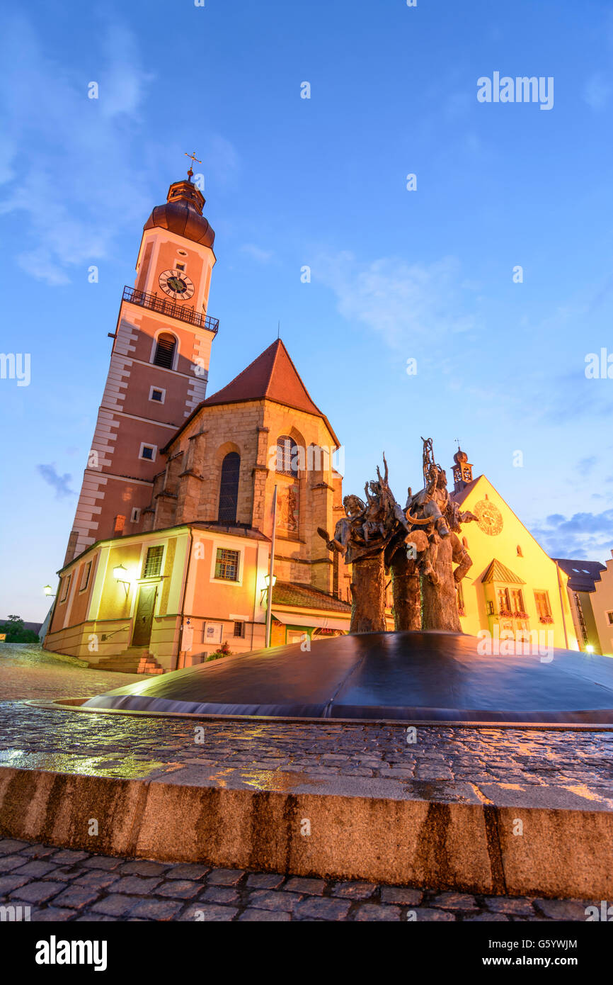 market square, church St. Jakob, Town Hall, market fountain, Cham, Germany, Bayern, Bavaria, Oberpfalz, Upper Palatinate Stock Photo