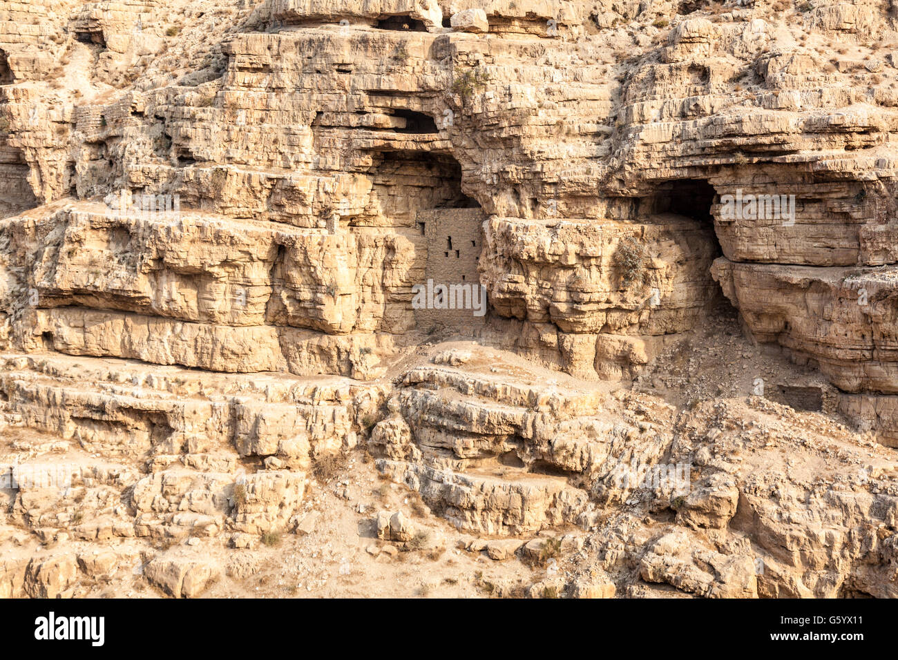 Judean desert east from Jerusalem and west from Dead Sea with Kidron Valley and Mar Saba Monastery in Palestine and Israel. Stock Photo