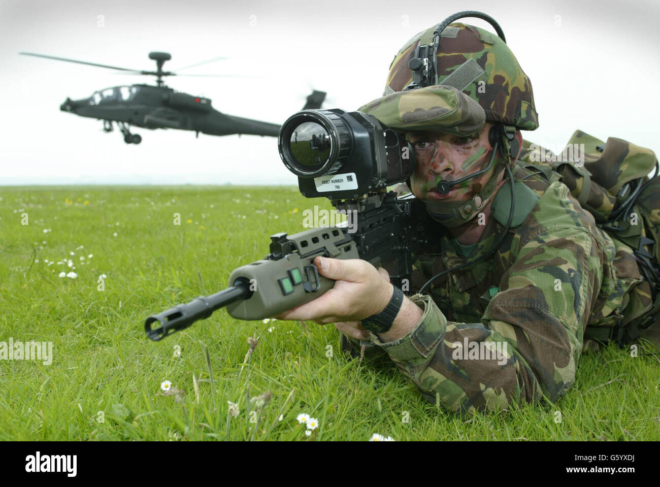 Major Stephen Noble from the Future Integrated Soldier Technology (FIST) Project Team shows the latest computerised military equipment at the Army Flying School at Middle Wallop, Hampshire. *....Defence Secretary Geoff Hoon is expected to announce later plans for 'Network Centric' operations. This will offer commanders in the future the ability to see more of what is happening on the battlefield, take faster more informed decisions which will enable forces to complete missions successfully; ultimately commanders can see and hear what a section of troops is doing and bring in rapid assistance, Stock Photo