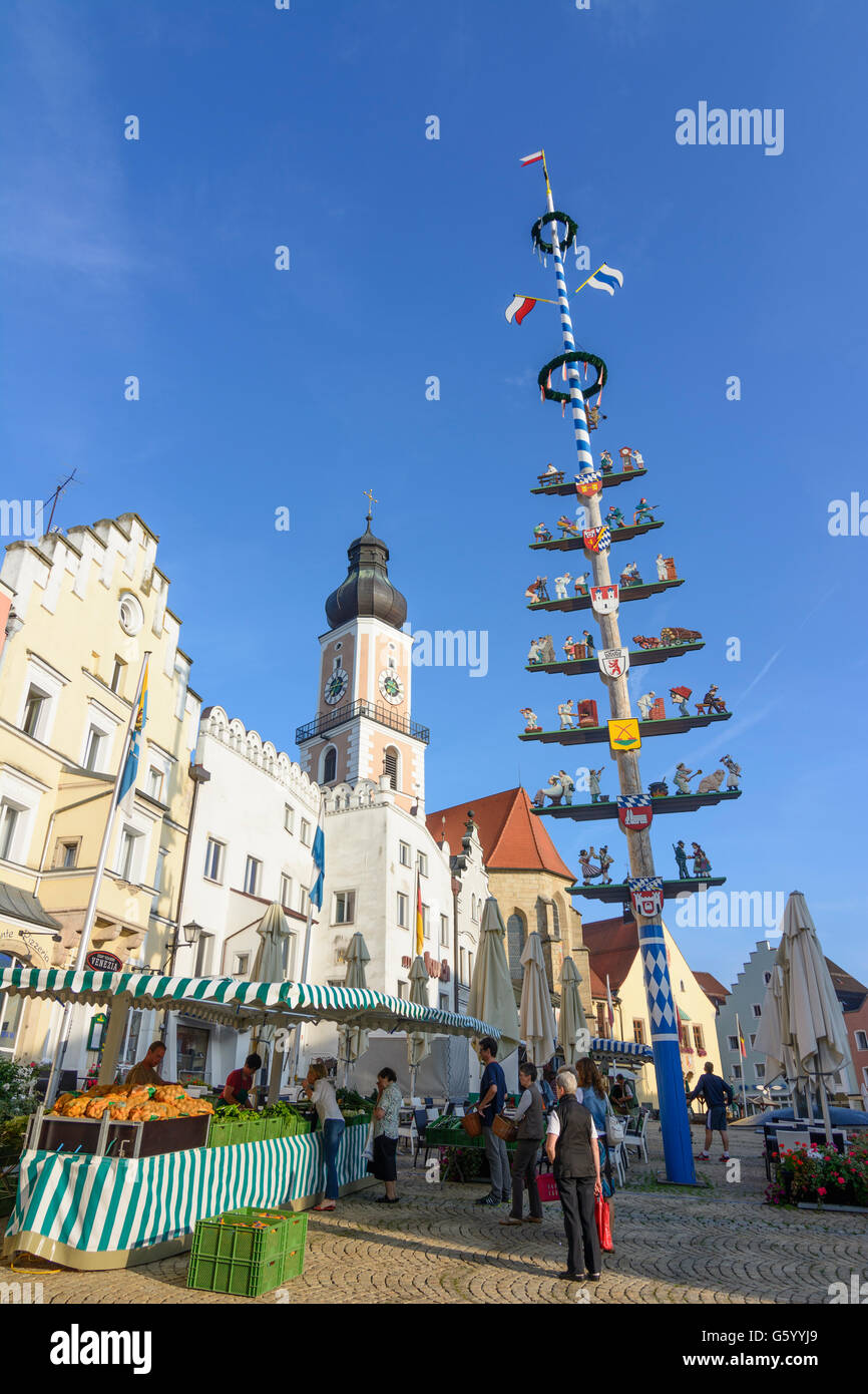 Market square, church St. Jakob, Town Hall, maypole, Cham, Germany, Bayern, Bavaria, Oberpfalz, Upper Palatinate Stock Photo