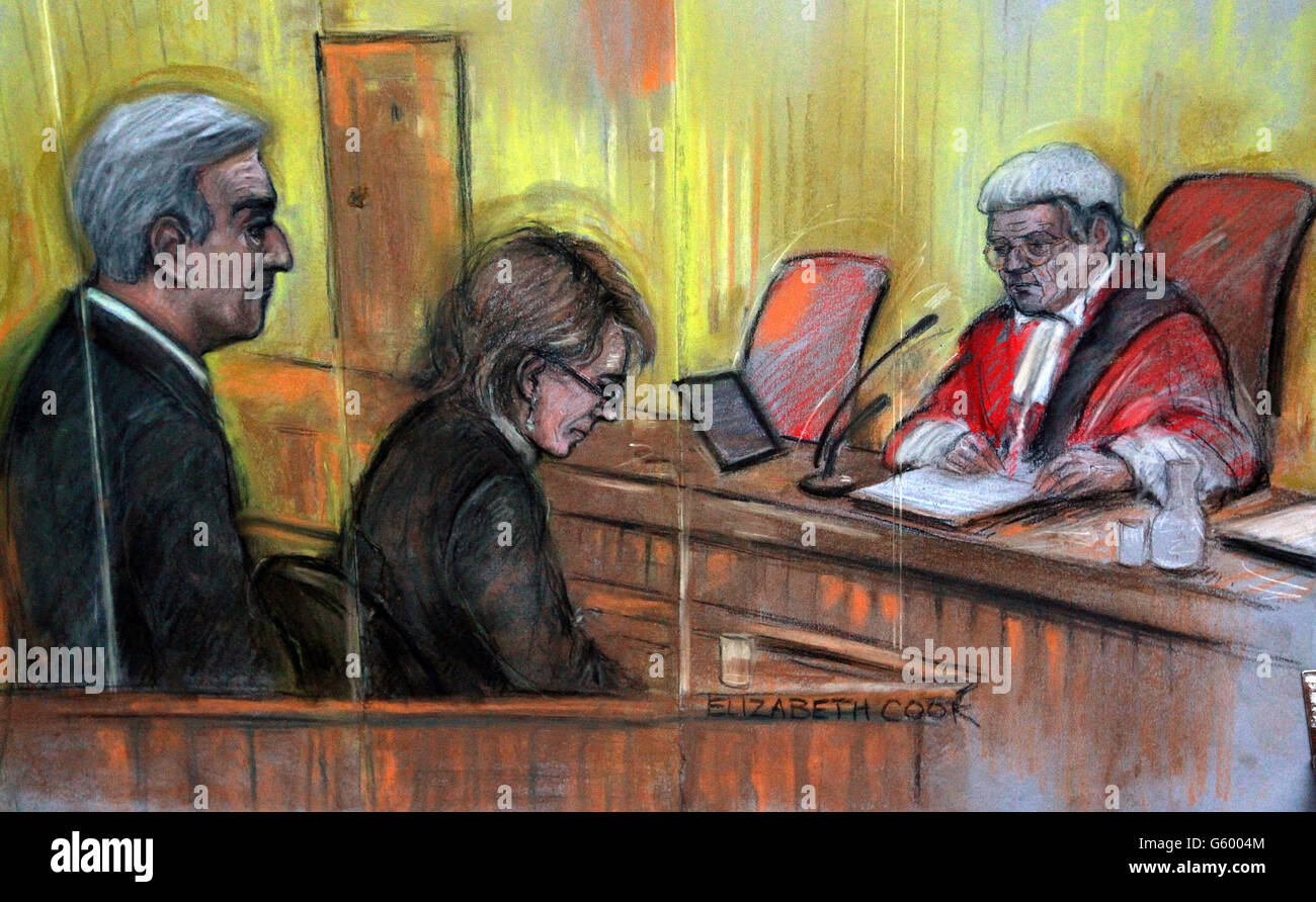 Court artist sketch by Elizabeth Cook of Chris Huhne and Vicky Pryce at Southwark Crown Court in London, where they were sentenced today for perverting the course of justice. Stock Photo