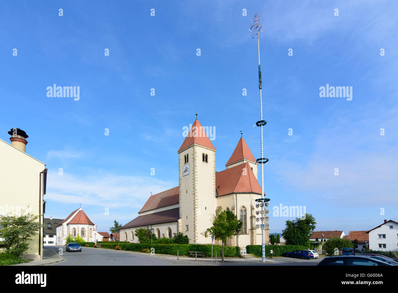 church Chammünster, maypole, Cham, Germany, Bayern, Bavaria, Oberpfalz, Upper Palatinate Stock Photo