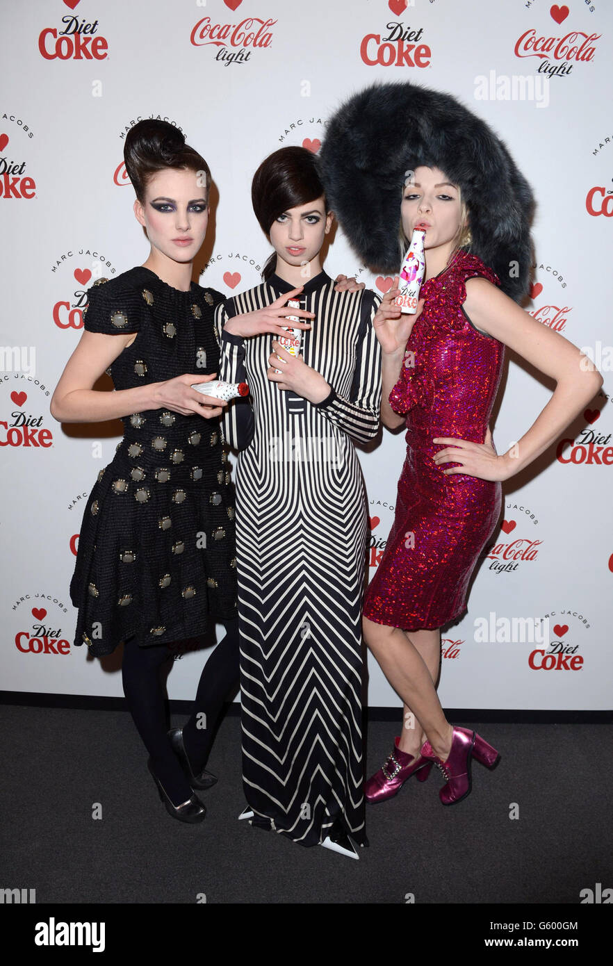(left to right) Eliza Cummings, Lily McMenamy and Ginta Lapina at The Diet Coke and Marc Jacobs launch party to celebrate 30 years of Diet Coke, at the German Gymnasium, Kings Cross, London. Stock Photo