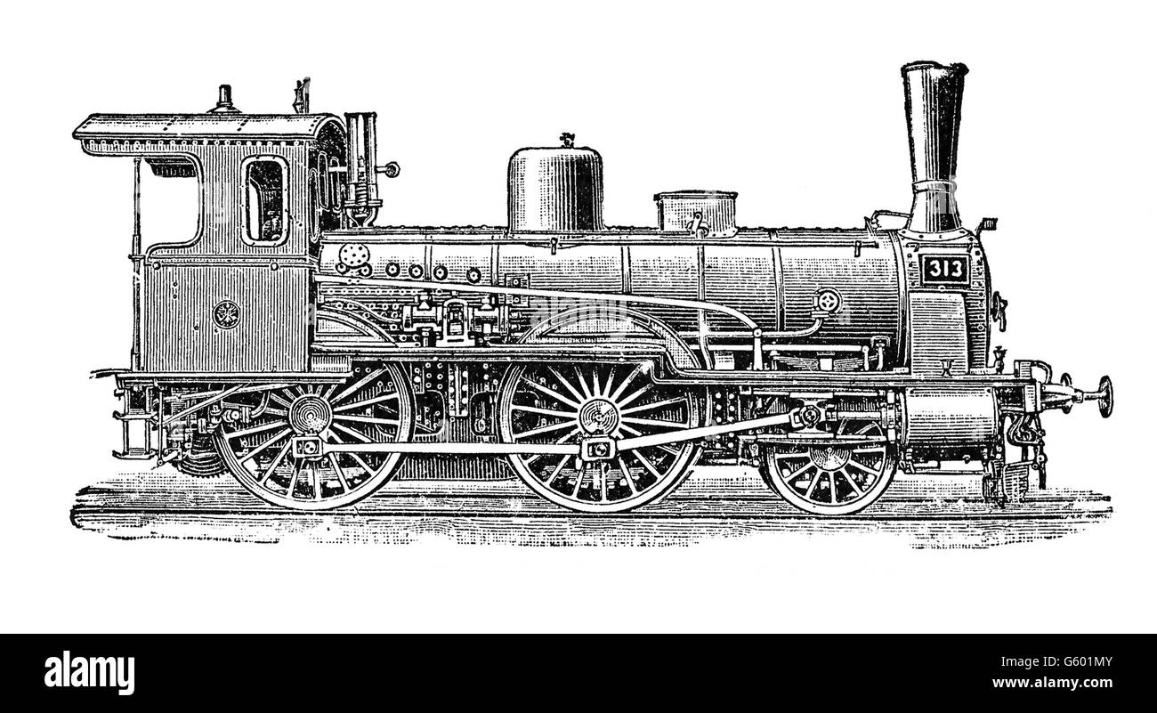 19th century illustration: Prussian steam locomotive used to transport passengers Stock Photo