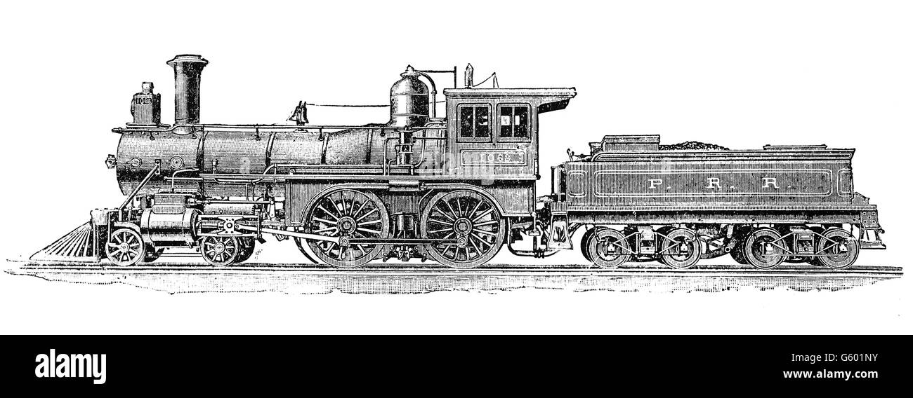 19th century illustration: American steam locomotive with coal trailer to transport passengers Stock Photo