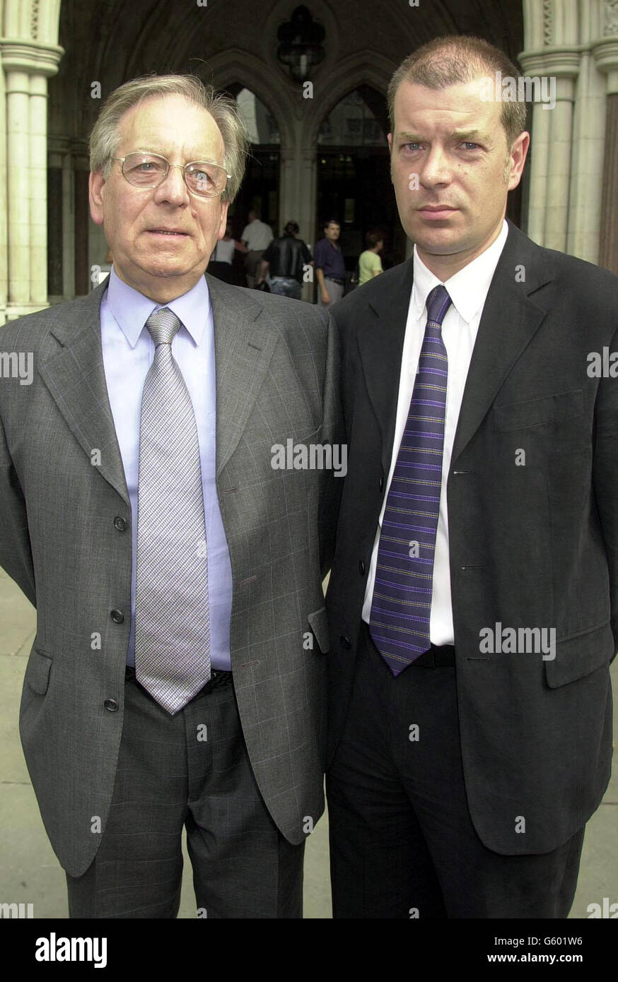 Mr Maurice Balchin arrives at the High Court with his son Warren,hoping that the long running battle with his local council in Norfolk, who intend to build a bypass next to his home, will reach an end soon. Stock Photo
